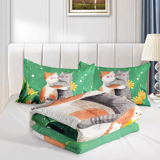 Datura home Cute Cat Kids Comforter Bedding Set for Boys Girls, Watercolor Cat Forest Rabbit and Flower Print Comforter with 2 Pillowcases(Cute Cat Twin)
