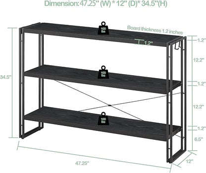 HCHQHS Bookshelf, 3-Tier Industrial Bookcase, Black Open Book Shelf, Freestanding Horizontal Bookshelves with Metal Frame