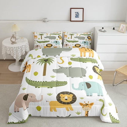 Feelyou Wild Animals Comforter Set Safari Animals Print Comforter for Boys Girls Teens Cute Hippo Crocodile Lion Bedding Set Kids Cartoon Elephant Giraffe Duvet Set Room Decor Quilt King Size Boys