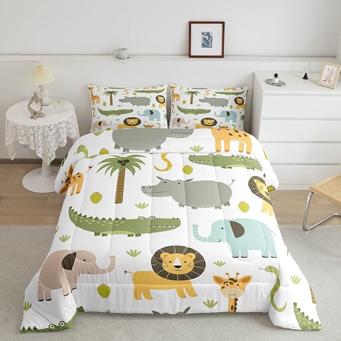 Wild Animals Comforter Set Safari Animals Print Comforter for Boys Girls Teens Cute Hippo Crocodile Lion Bedding Set Kids Cartoon Elephant Giraffe Duvet Set Room Decor Quilt Set Full Size