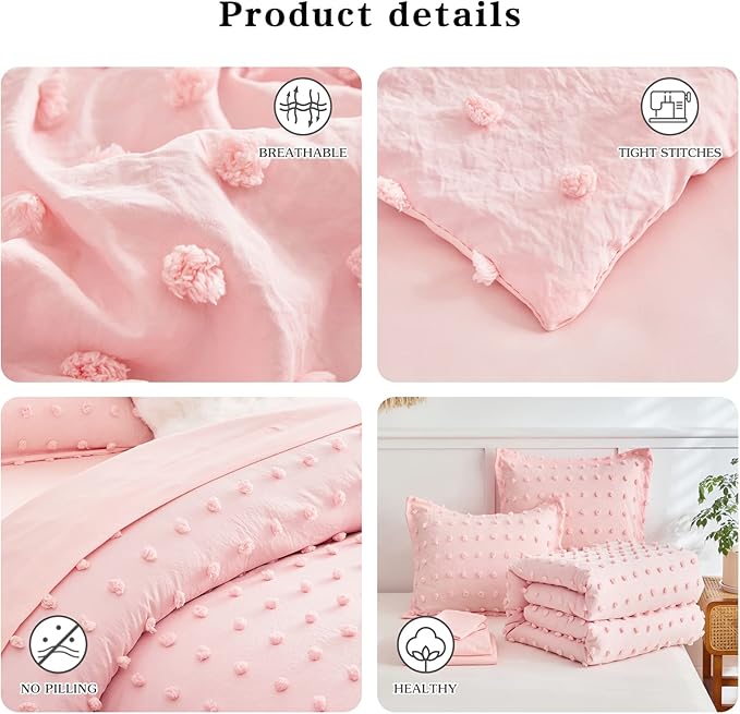 7 Pieces Tufted Dots Bed in a Bag King Comforter Set with Sheets Pink , Soft and Embroidery Shabby Chic Boho Comforters, Solid Color with Pom Pom Design, Jacquard Tufts Bedding Set for All Season