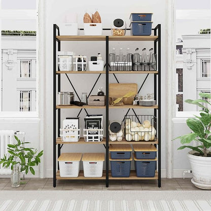 BON AUGURE Industrial Bookshelves and Bookcases, 5 Tier Heavy Duty Etagere Shelving Unit, Farmhouse Rustic Wood Metal Book Shelves for Office, Living Room and Bedroom (Vintage Oak, 43.31 inch Wide)