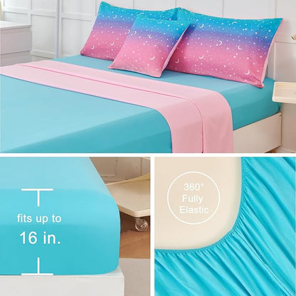 URBONUR 6 Pieces Twin Comforter Set for Girls Moon Star Printed Bedding Set on Gradient Pink Purple Blue, Soft Microfiber All Season Bed Sets for Kids Teen (Twin Size, 6PCS)