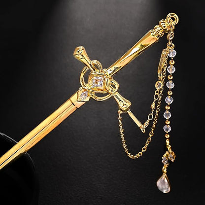 Sword Tassels Hair Pins for Women - Gold Long Ancient Style Tassels Metal Chopsticks Chinese Hair Sticks Pin Decorative Gold Medieval Renaissance Chinese Hair Accessories for Women Jewelry