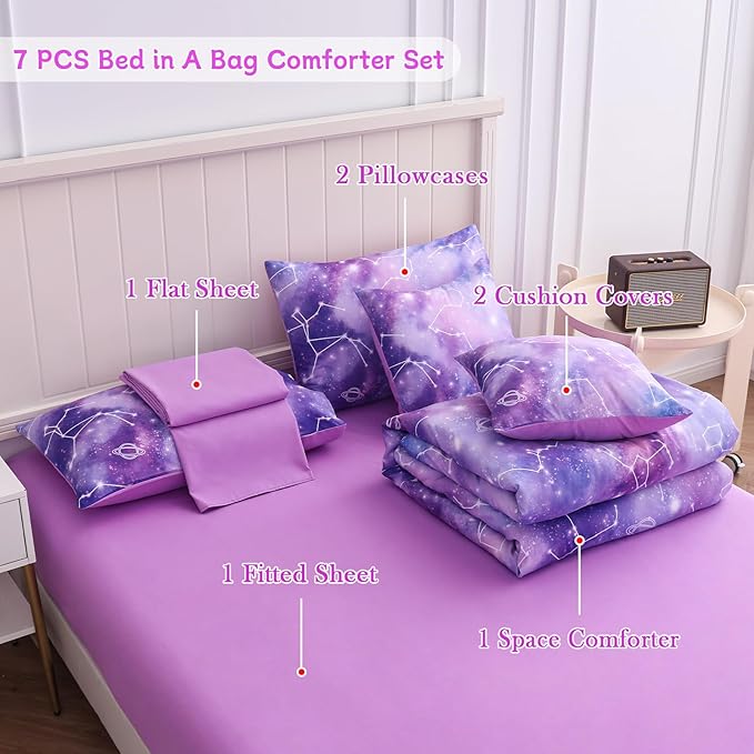 Twin Comforter Set for Girls Galaxy Bedding 7pieces, Ombre Bedding Comforter Sets Rainbow Comforter, Glitter Bedding Twin Teen Comforter Sets for Girls（Multicolor