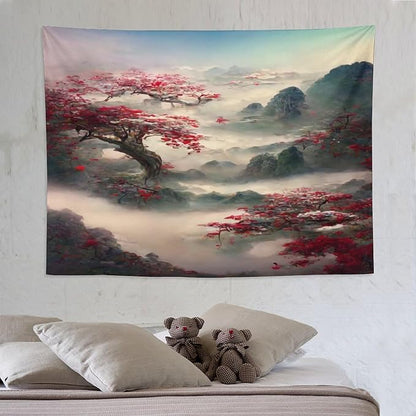 Japanese Tapestry, Red Plum Cherry Blossom Mountain, Nature Landscape, Bedroom & Living Room Decor, 80"x60"