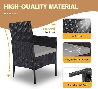 Patio Furniture Set 3 Pieces All-Weather Rattan Outdoor Furniture Patio Chairs with Tempered Glass Table for Porch Bistro Balcony Bistro Set(Black/Grey-3)