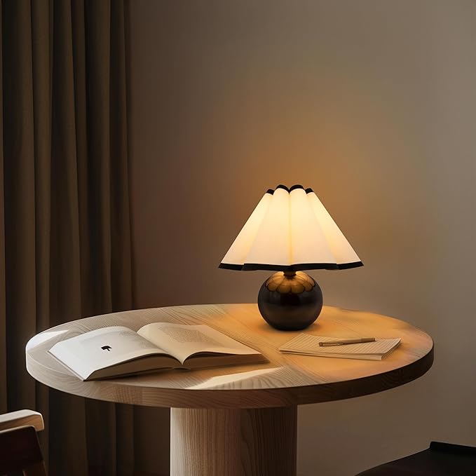 Brightech Blair LED Table Lamp - Small Modern Black Table Lamp with Marble Globe Base, Pleated Shade for Bedroom, Bedside, Side Table - Ambient Night Light with Soft White Light for Desk, Living Room