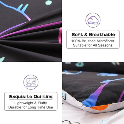 Meeting Story Dinosaur Comforter Set, Fluorescence Dinosaur Colorful Pattern Style Twin Comforter Set, 3 PCS 1 Comforter and 2 Pillowcases in One Bag, All Season Bedspread for Kids Teens Adults（Twin）