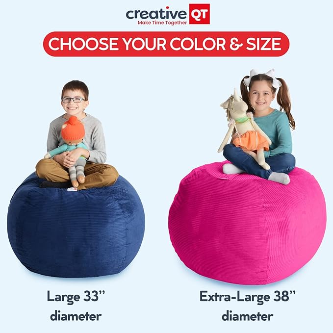Creative QT Stuff ’n Sit Extra Large 38’’ Bean Bag Storage Cover for Stuffed Animals & Toys – Green & White Stripe – Toddler & Kids’ Rooms Organizer – Giant Beanbag Great Plush Toy Hammock Alternative