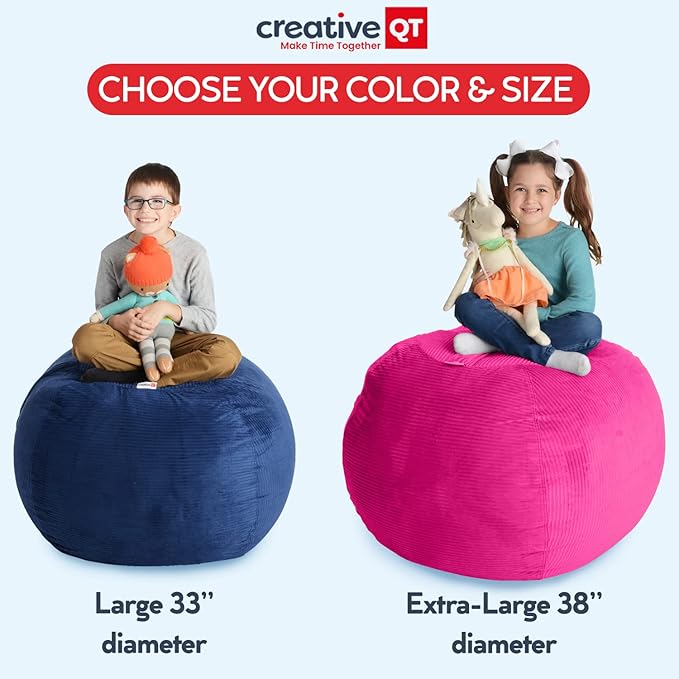 Creative QT Stuff ’n Sit Large 33’’ Bean Bag Storage Cover for Stuffed Animals & Toys – Gray & White Stripe – Toddler & Kids’ Rooms Organizer – Beanbag Makes Great Plush Toy Hammock Alternative