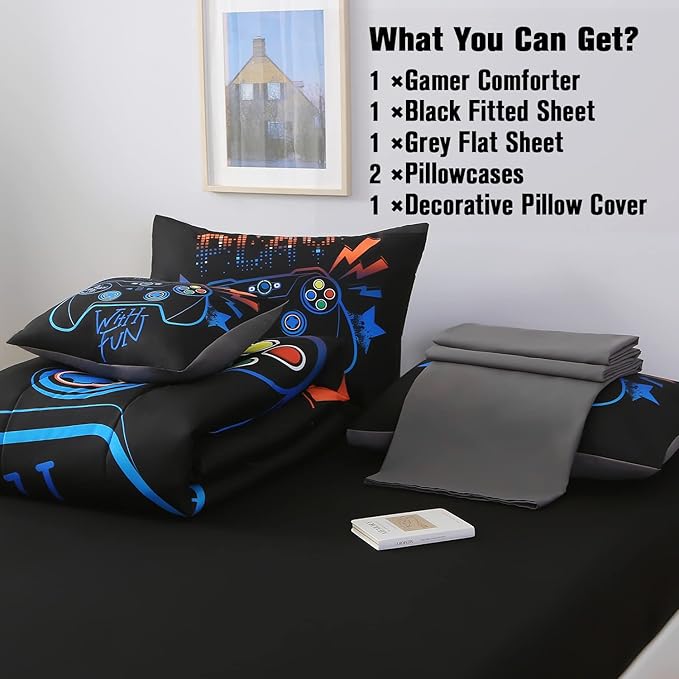JQinHome Queen Gaming Comforter Sets for Boys,6 Piece Bed in A Bag 3D Video Game Bedding All Season Soft Microfiber Gamer Bedding Sets for Kids, Pillowcase, Flat Sheet, Fitted Sheet,Cushion Cover