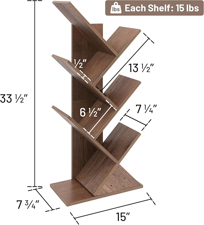 Labcosi 5 Tier Tree Bookshelf, Floor Standing Wood Tree Bookcase, Book Storage Rack for Books/CDs, Book Organizer Shelves for Home Office, Bedroom, Living Room