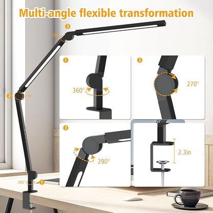 LED Desk Lamp with Clip, Multi-Angle Flexible 3-Segment 2-Light Source Office Desk Lamp, Clip-on Eye-Care 4 Color Temperature Modes&5 Brightness, Table Lamp for Home Office Studio Study Nail