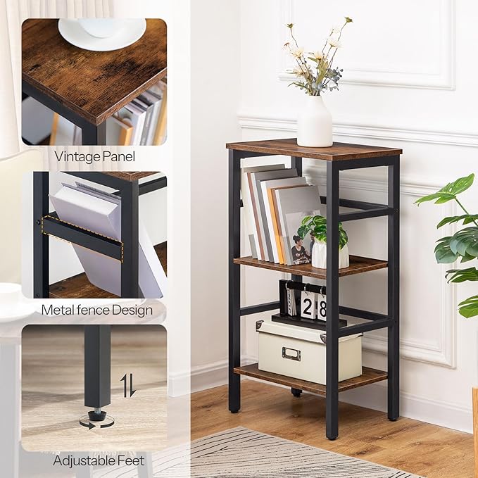 HOOBRO 3 Tier Bookshelf, Narrow Bookshelf, Record Storage Rack with Side Fence, Wooden Free-Standing Shelf Units, Narrow Display Shelf for Living Room, Bedroom, Classroom, Rustic Brown BF80CJ01
