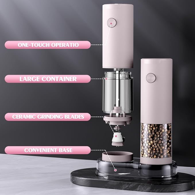 1 Pack Salt and Pepper Grinder-Birthday Gifts for Mom Automatic Battery Upgraded Larger Capacity Pink Salt Pepper Set New Apartment Gifts for Housewarming