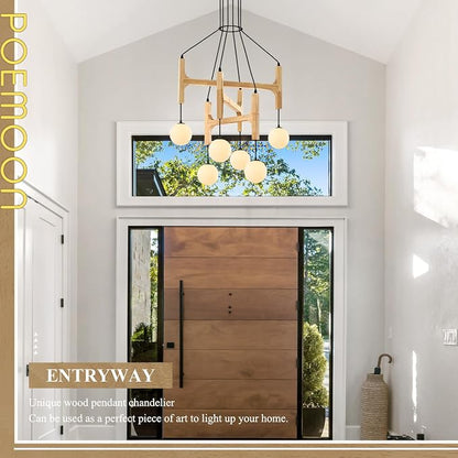 Wooden Chandeliers L28 '' Natural Farmhouse 6-Light Milk Glass Pendant Light Rustic Mid Century Long Hanging Lighting for Living Dining Room Entryway Foyer Bedroom Kitchen,G9