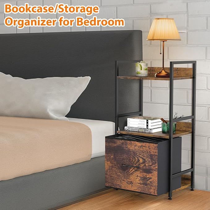 Book Shelf with Storage 3 Tier Narrow Skinny Short Standing Shelves Bookcase with Drawers for Bedroom Living Room, Small Bookshelf for Small Space Rustic Shelf Organizer Office Display Shelf