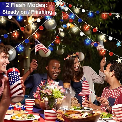 4th of July Decorations 9.85FT Red White and Blue Star String Lights Pom Pom Star Lights Battery Operated with Timer Fairy Lights for Independence Day Memorial Patriotic Fourth of July Decor for Home