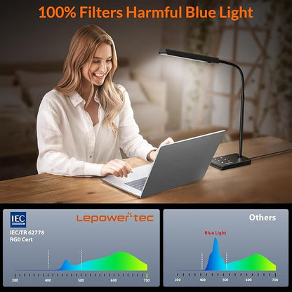 LED Desk Lamp, 12W Reading Desk Lamp for Office Home with 60 Lighting Modes, Touch Control & Timer Function, 750LM Bright Eye-Caring Gooseneck Desk Light Table Lamp for Study, Work, Black