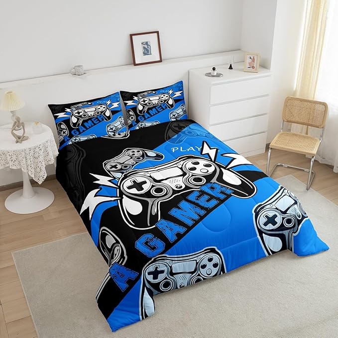 Erosebridal Gamer Comforter Sets for Boys Full Size,Gaming Bedding Sets for Boys Kids Teens Gamepad Gaming Comforter Set Game Room Decor,Blue Black 3Pcs