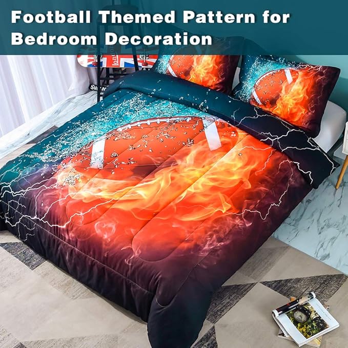 Ondency Football Comforter Set Full (79x90 Inch), 3 Pieces(1 Football Comforter, 2 Pillowcases) 3D Sport Microfiber Football Comforter Set Bedding Set for Boys Kids