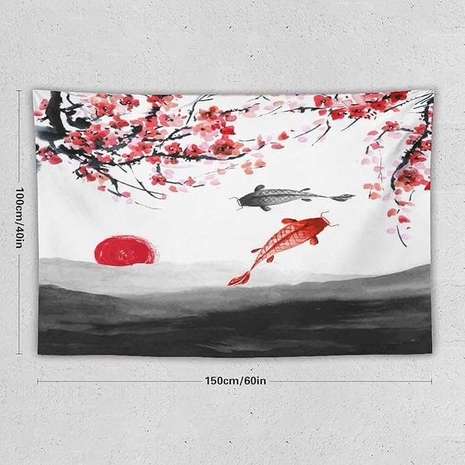 Houselerax Japanese Koi Fish Tapestries, Cherry Blossoms Asian Oriental Flower Branch Koi Fish Carp Tapestry Wall Hanging for Bedroom Living Room Office Decor 60"x40"