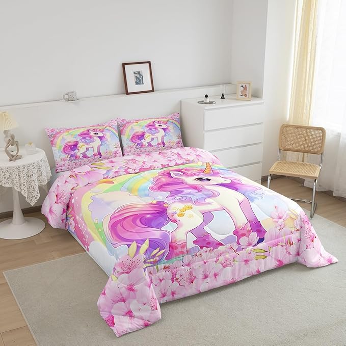 Cartoon Unicorn Kids Comforter Set Full Size,Sakura Cherry Blossom Japanese Bedding Set,Girls Women Room Decor,Rainbow Unicorn Cute Down Comforter,Pink Purple Romantic Duvet Insert,2 Pillowcases