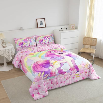 Cartoon Unicorn Kids Comforter Set King Size,Sakura Cherry Blossom Japanese Bedding Set,Girls Women Room Decor,Rainbow Unicorn Cute Down Comforter,Pink Purple Romantic Duvet Insert,2 Pillowcases