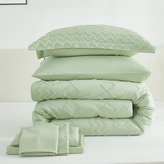 EMME Queen Comforter Set - 7 Pcs Sage Green Boho Bedding Sets, Full Size Tufted Comforter with Sheets, Shabby Chic Embroidery Queen Bed Set Fluffy Bed Bag for All Season(90"X90")