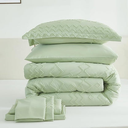 EMME Queen Comforter Set - 7 Pcs Sage Green Boho Bedding Sets, Full Size Tufted Comforter with Sheets, Shabby Chic Embroidery Queen Bed Set Fluffy Bed Bag for All Season(90"X90")