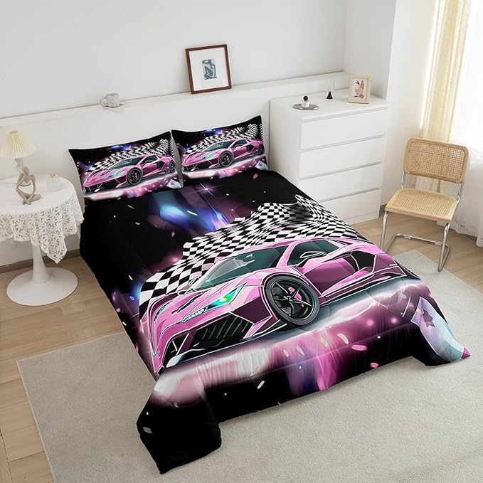 Pink Race Car Bedding Set King Size,Racing Flag Black White Lattice Duvet Cover with 2 Pillowcases,Extreme Sport Game Comforter Cover for Kids Youths Boys Girls Room Decor,Modern Quilt Cover