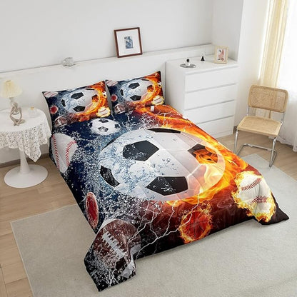 Erosebridal Boys Soccer Bedding Set Football Sports Full Comforter Set for Kids Teens Youth Bedroom Decor Lightning Baseball Quilt Duvet Water Fire Basketball Comforter with 2 Pillow Cases Red Blue