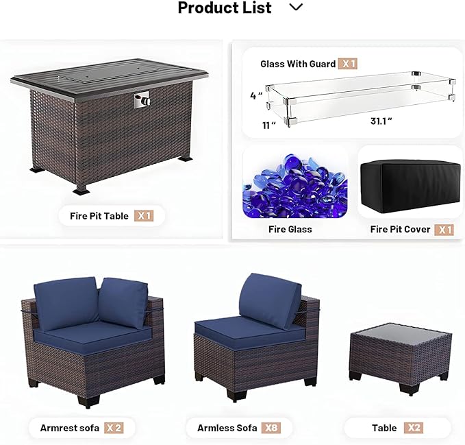 Kullavik 15PCS Outdoor Patio Furniture Set with 43" 55000BTU Gas Propane Fire Pit Table PE Wicker Rattan Sectional Sofa Patio Conversation Sets,Dark Blue