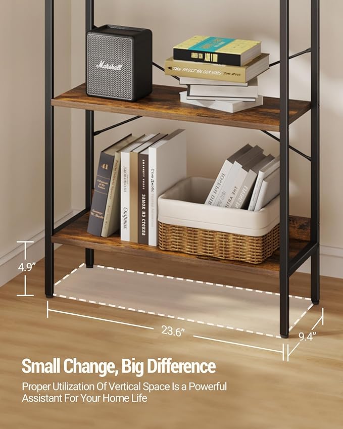 Bookshelf, Book Shelf, Industrial Bookcase with 2 Hooks, Coner Shelf Storage Organizer for Home Office, Living Room, Bedroom, Kitchen, 5-Tier Rustic Brown BC22501B