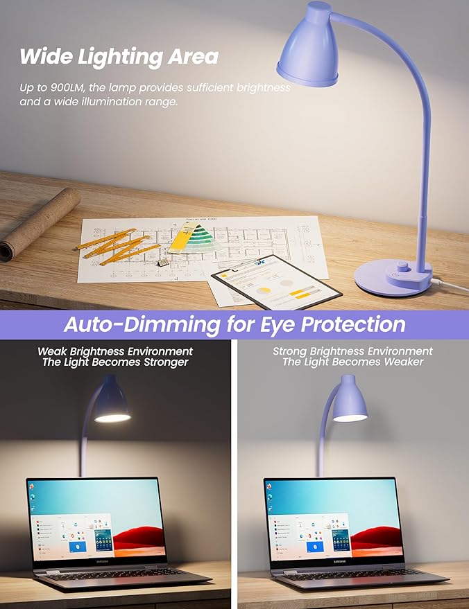 BOHON LED Desk Lamp with USB Charging Port, 3 Color Modes Fully Dimmable Reading Lamp, Auto Dimming Task Lamp, Flexible Gooseneck Table Light for Office Dorm Bedside, Adapter Include, Lilac Purple