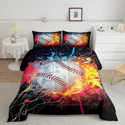 Baseball Twin Comforter Set For Boys,Tie Dye Baseball Sports Bedding Set Red Blue Fire Water Lightning Duvet Insert For All Season,Sports Baseball Quilt Soft Lightweight Bedroom Decor 1 Pillow Case