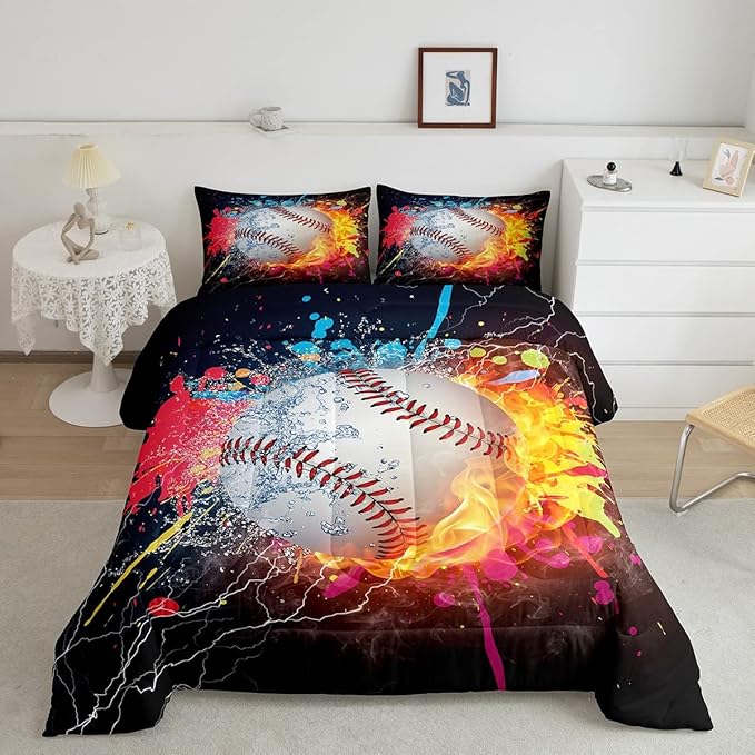 Baseball King Comforter Set For Boys,Tie Dye Baseball Sports Bedding Set Red Blue Fire Water Lightning Duvet Insert For All Season,Sports Baseball Quilt Soft Lightweight Bedroom Decor 2 Pillow Cases