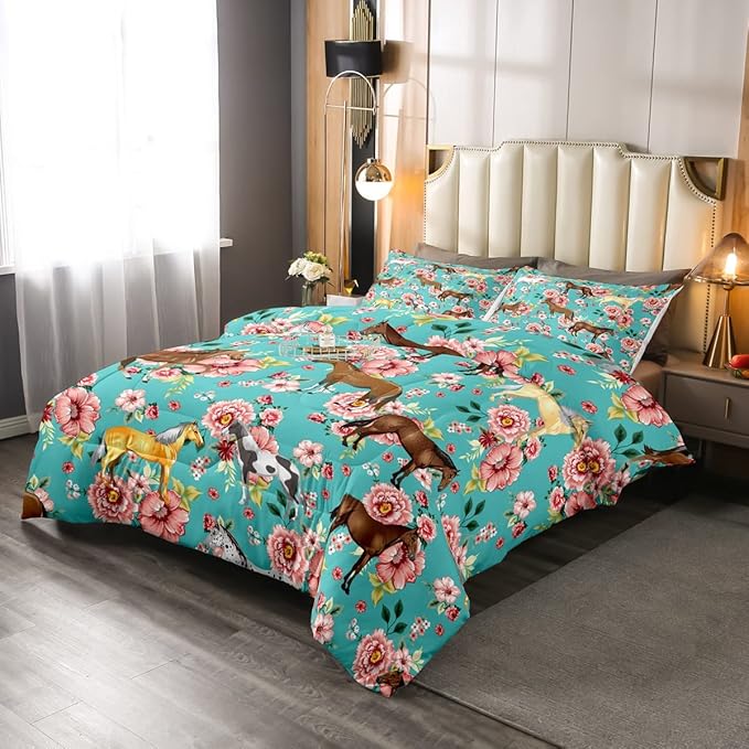 Kids Horse Bedding Set Chic Retro Floral Bedding Comforter Set for Girls Teens Galloping Horse Printed Comforter 3D Wild Farm Animal Duvet Set Bedroom Decor Quilt Set 2Pcs Twin Size, Green Pink