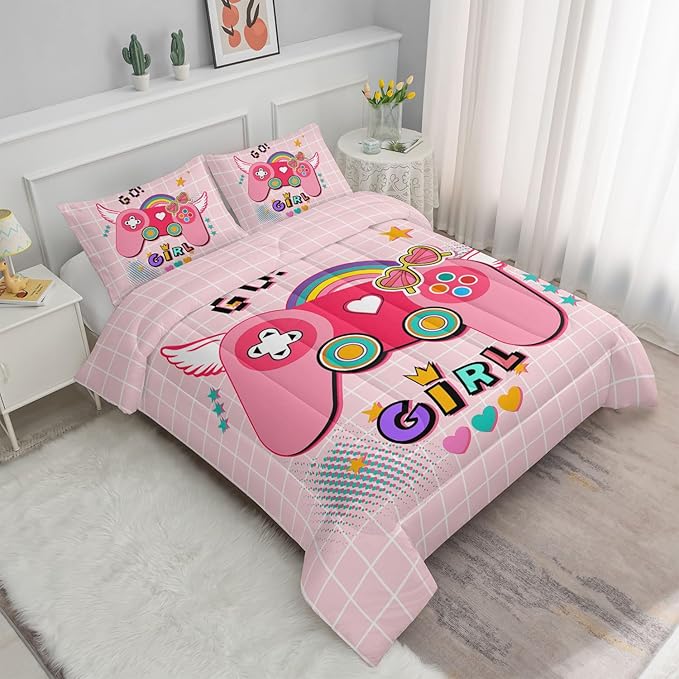 Datura home Bedding Comforter Set Pink Gamepad Printed Pattern Quilt with 1 and 2 Pillowcases for Girls Bedroom All Season(Pink Twin) Twin 68x86inches