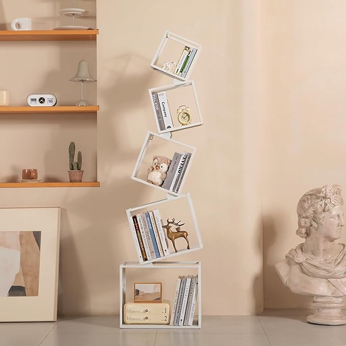 Bookshelf, 5-Tier Bookcase White, 67" Tall White Bookshelf, 5 Tier Bookshelf, Industrial Bookshelf, Modern Book Storage, Storage Shelves for CDs/Books/Home Decor, Display Shelf