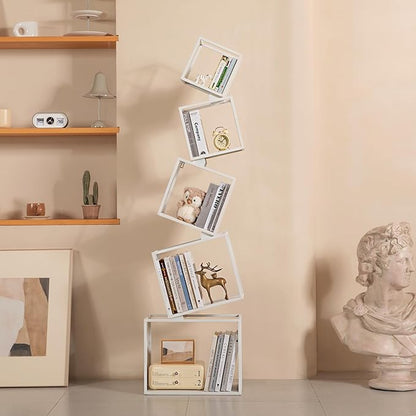 Bookshelf, 5-Tier Bookcase White, 67" Tall White Bookshelf, 5 Tier Bookshelf, Industrial Bookshelf, Modern Book Storage, Storage Shelves for CDs/Books/Home Decor, Display Shelf