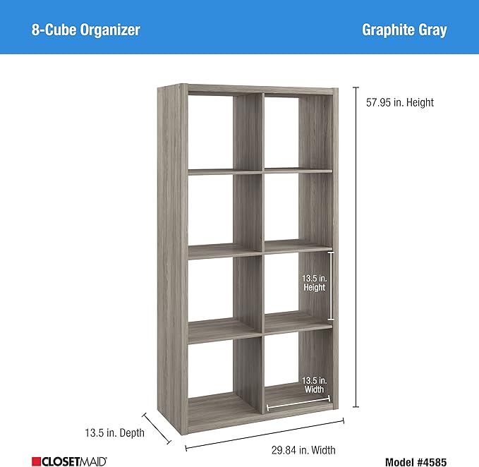 ClosetMaid 8 Cube Heavy Duty Wooden Decorative Bookcase Shelf Storage Organizer with Open Back for Home, Closet, Office, or Toys, Graphite Gray