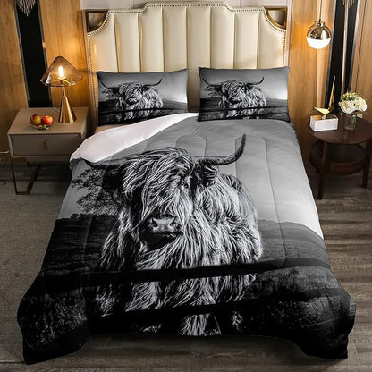 Highland Cow Bedding Set King Size Grey Bull Cattle Comforter Set Funny Farmhouse Wildlife Animal Duvet Set for Kids Boys Girls Teens Western Cowboy Style Down Comforter Adult Bedroom Decor