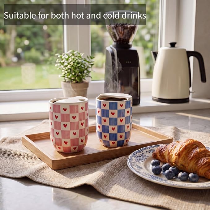 Hushee 2 Pack 16 oz Ceramic Coffee Mugs with Sip Hole, Retro Hand-painted Ceramic Travel Mug, Cute Blue Pink White Hearts Plaid Design, Microwave & Dishwasher Safe, Ideal Gifts for Coffee Lovers