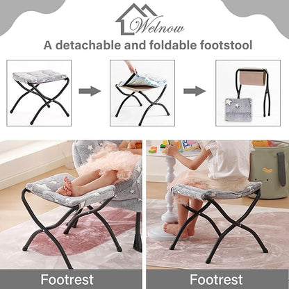 Welnow Toddler Kids Lazy Chair with Ottoman, Glow in The Dark Accent Comfy Lounge Children Armchair Couch with Removable Cover, Detachable Reading Chair with Footrest for Boy or Girl, Grey Star