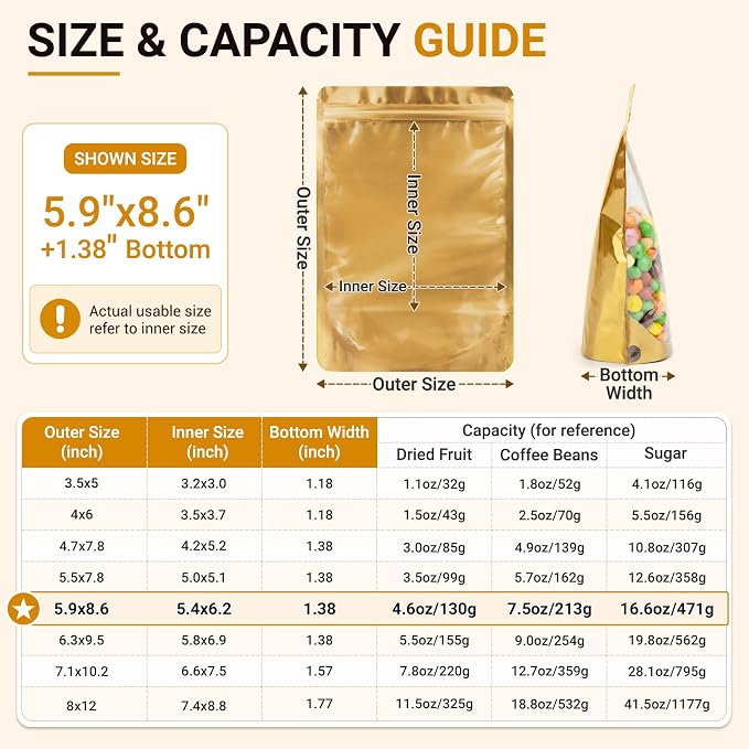 ANZNKU 100PCS Mylar Bags Resealable Small Smell Proof Bags(Gold, 5.9x8.6) | Stand Up Foil Pouches Clear Window, Sealable Bags for Small Business Packaging Snack Party Favors Candy Treats Food Storage