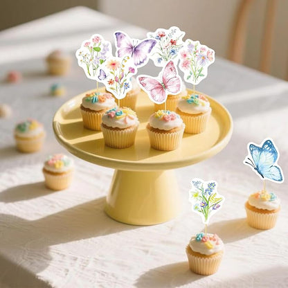 40 Pcs Wildflower & Butterflies Cupcake Toppers - 8 Styles, 5 Pcs Each - Non-Edible Cake Toppers for Wedding, Birthday, Party Decorations