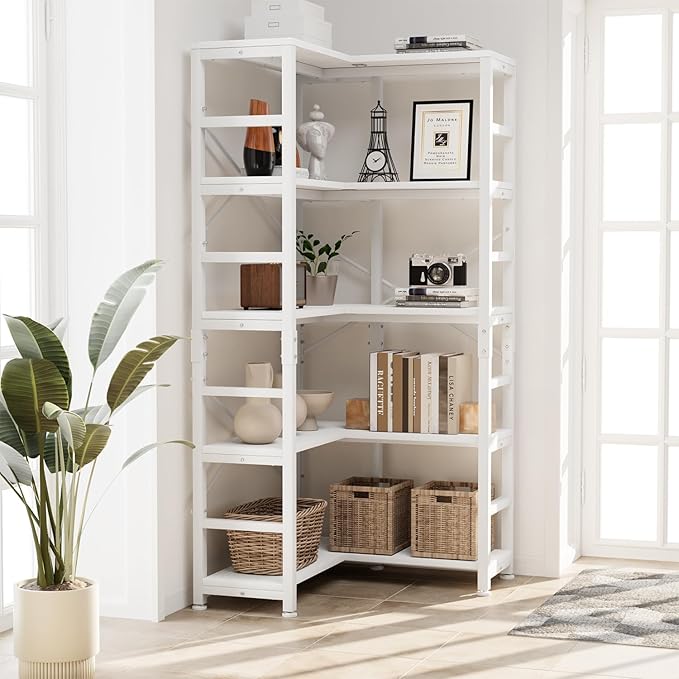 NUMENN 5 Tier Corner Bookshelf, Modern Corner Bookcase, Large Open Shelf Bookcase, Tall Bookshelves Storage Display Rack for Bedroom, Living Room and Home Office, White