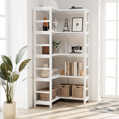 NUMENN 5 Tier Corner Bookshelf, Modern Corner Bookcase, Large Open Shelf Bookcase, Tall Bookshelves Storage Display Rack for Bedroom, Living Room and Home Office, White